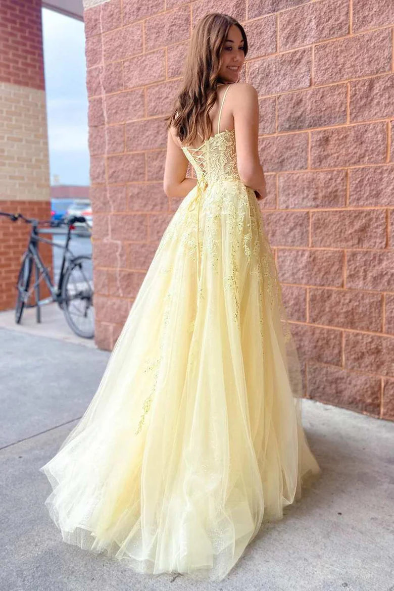 Tulle Applique Lace-Up A-Line Long Prom Dress