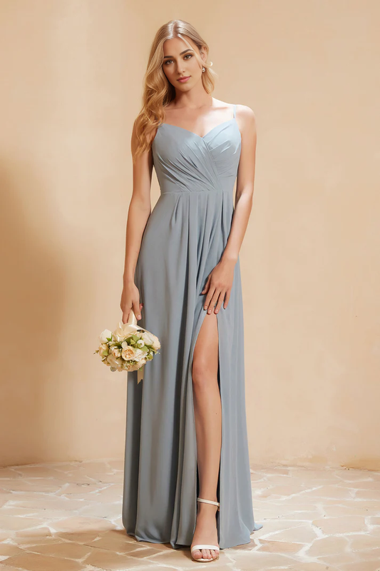 MY HERS Chiffon A-Line Sweetheart Spaghetti Straps Pleated Side Fork Floor-Length Elegant Simple Wedding Guests Dresses