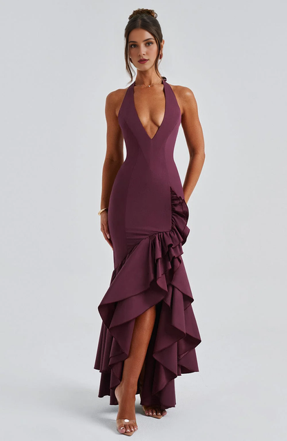 Halter Plunge Neckline Boning in Bodice Irregular Ruffle Skirt Unique Luxury Dresses Bridesmaid Dresses Wedding Guests Dresses