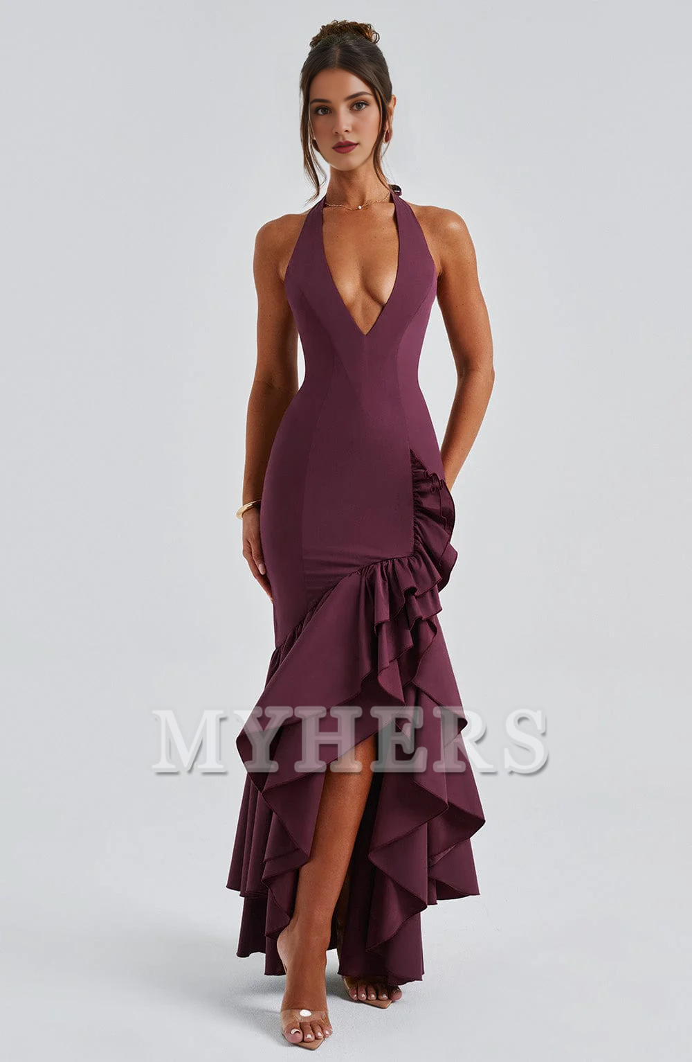 Halter Plunge Neckline Boning in Bodice Irregular Ruffle Skirt Unique Luxury Dresses Bridesmaid Dresses Wedding Guests Dresses
