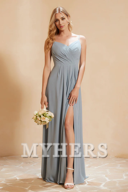 MY HERS Chiffon A-Line Sweetheart Spaghetti Straps Pleated Side Fork Floor-Length Elegant Simple Wedding Guests Dresses