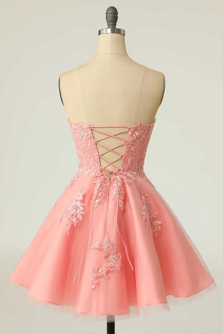 Strapless Lace-Up A-Line Short Homecoming Dress with Floral Lace