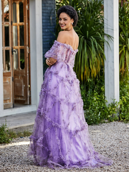 Tulle Gown Floral Off Shoulder Ruffle Skirt Prom Dress