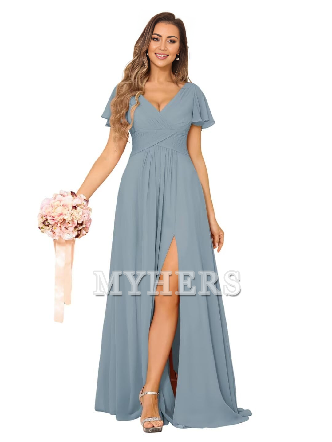 Exquisite V Neck Pleated Side Slit Romantic Bridesmaid Dresses Wedding Guests Dresses