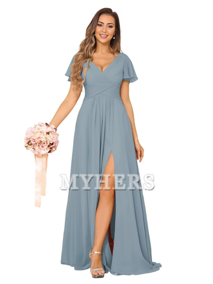 Exquisite V Neck Pleated Side Slit Romantic Bridesmaid Dresses Wedding Guests Dresses