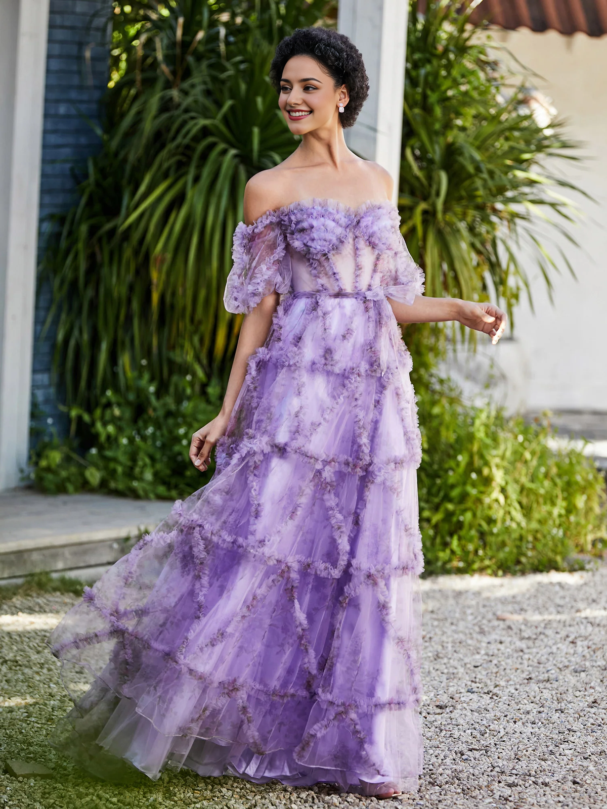 Tulle Gown Floral Off Shoulder Ruffle Skirt Prom Dress