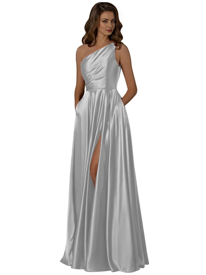 Wedding Guests Dresses Women One Shoulder Ruched with Pockets Slit Long Prom Dresses Formal Wear Dresses