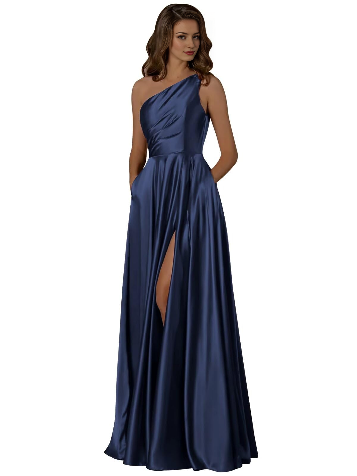 Wedding Guests Dresses Women One Shoulder Ruched with Pockets Slit Long Prom Dresses Formal Wear Dresses