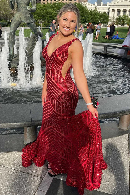 Plunge V  Sequins Mermaid Long Evening Dress