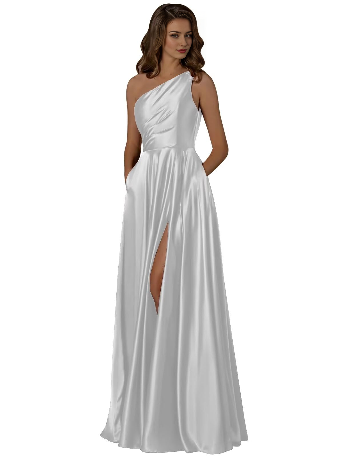 Wedding Guests Dresses Women One Shoulder Ruched with Pockets Slit Long Prom Dresses Formal Wear Dresses