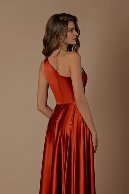Wedding Guests Dresses Women One Shoulder Ruched with Pockets Slit Long Prom Dresses Formal Wear Dresses
