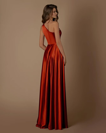 Wedding Guests Dresses Women One Shoulder Ruched with Pockets Slit Long Prom Dresses Formal Wear Dresses