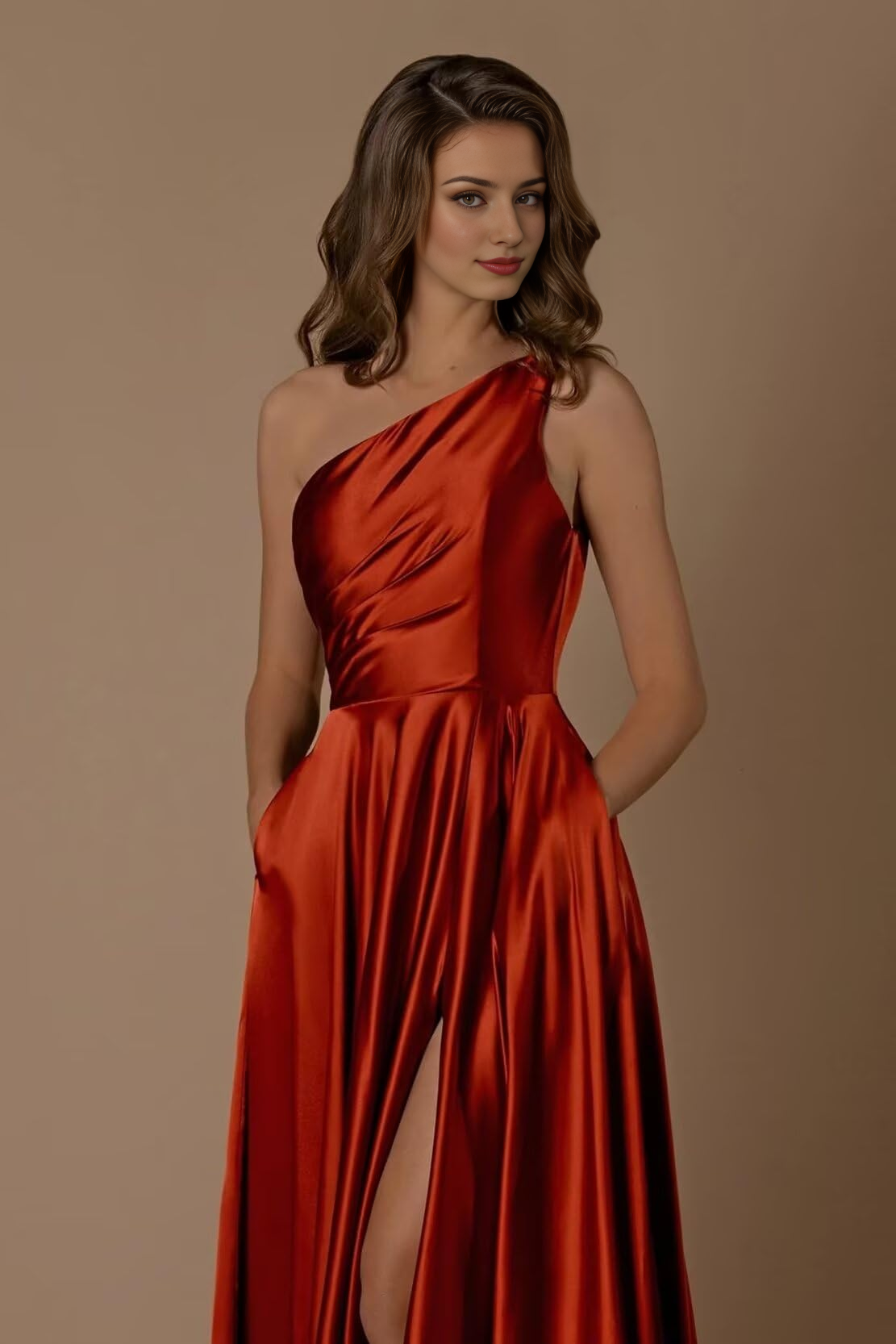 Wedding Guests Dresses Women One Shoulder Ruched with Pockets Slit Long Prom Dresses Formal Wear Dresses