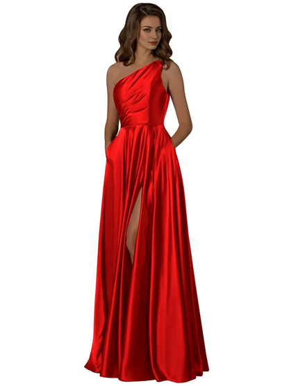 Wedding Guests Dresses Women One Shoulder Ruched with Pockets Slit Long Prom Dresses Formal Wear Dresses