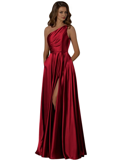 Wedding Guests Dresses Women One Shoulder Ruched with Pockets Slit Long Prom Dresses Formal Wear Dresses