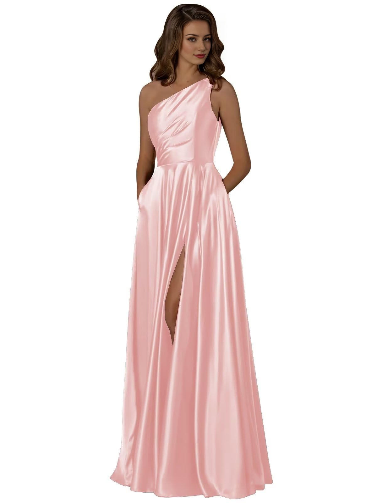 Wedding Guests Dresses Women One Shoulder Ruched with Pockets Slit Long Prom Dresses Formal Wear Dresses