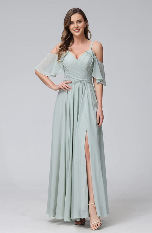 Sweetheart Off Shoulder Chiffon Side Fork Elegant Long Bridesmaid Dresses Wedding Guests Dresses