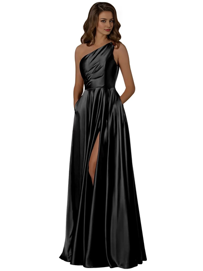 Wedding Guests Dresses Women One Shoulder Ruched with Pockets Slit Long Prom Dresses Formal Wear Dresses
