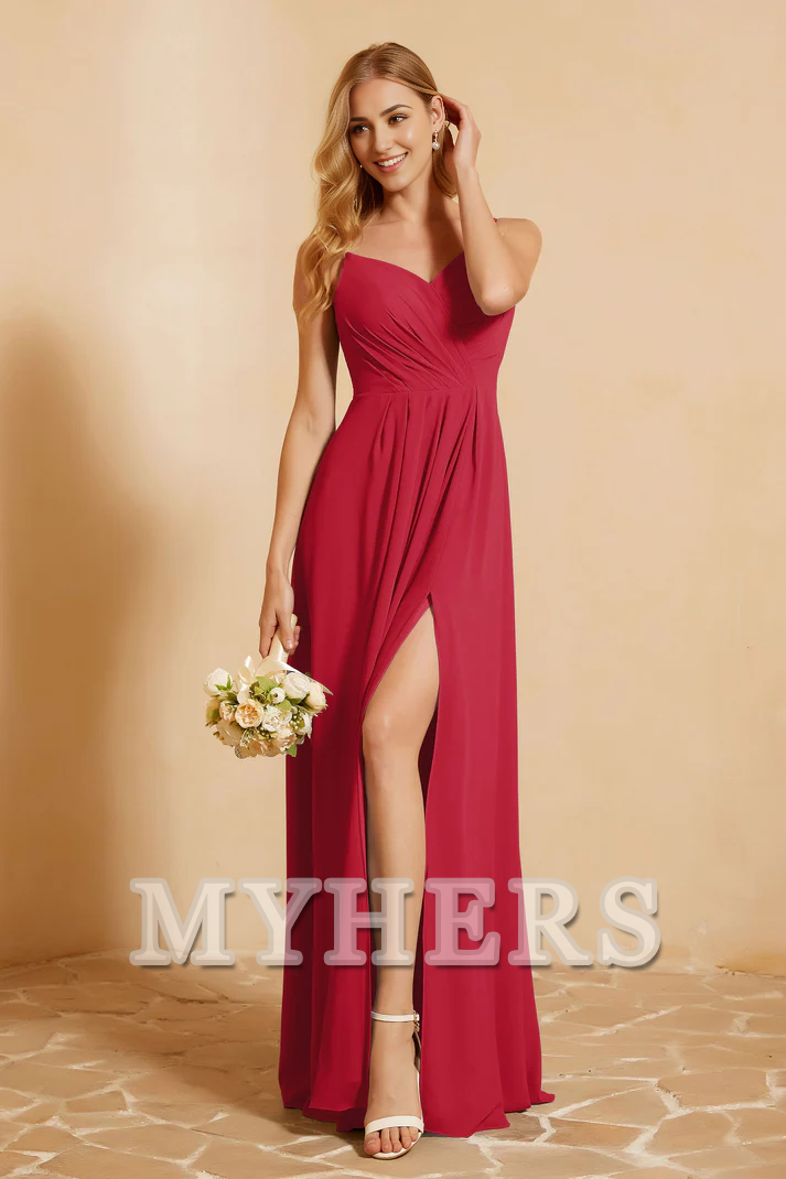 MY HERS Chiffon A-Line Sweetheart Spaghetti Straps Pleated Side Fork Floor-Length Elegant Simple Wedding Guests Dresses