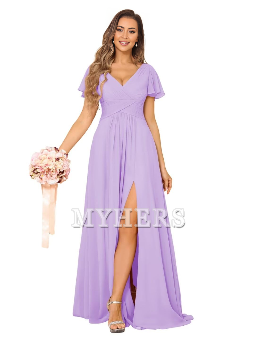 Exquisite V Neck Pleated Side Slit Romantic Bridesmaid Dresses Wedding Guests Dresses