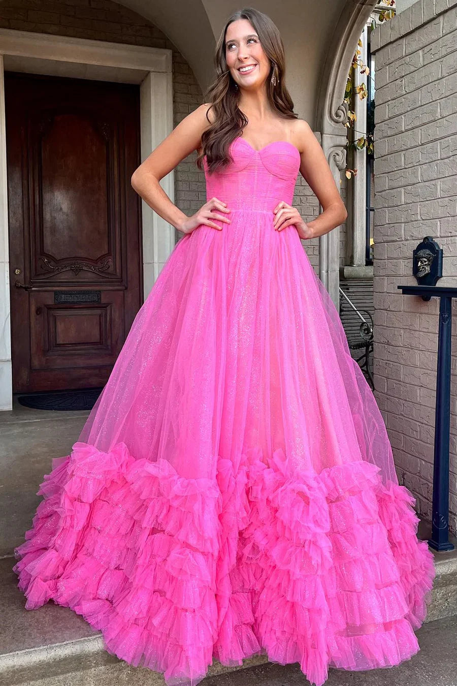 Tulle Strapless Tiered Ball Gown with Ruffles