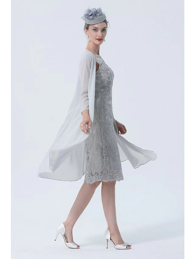 Two Piece Mother of the Bride Dress Plus Size Vintage Sexy Jewel Neck Tea Length Chiffon 3/4 Length Sleeve with Lace