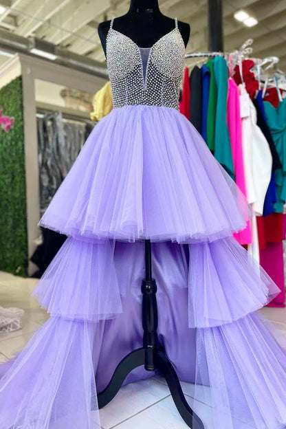 Beaded High-Low Tiered Long Prom Dress