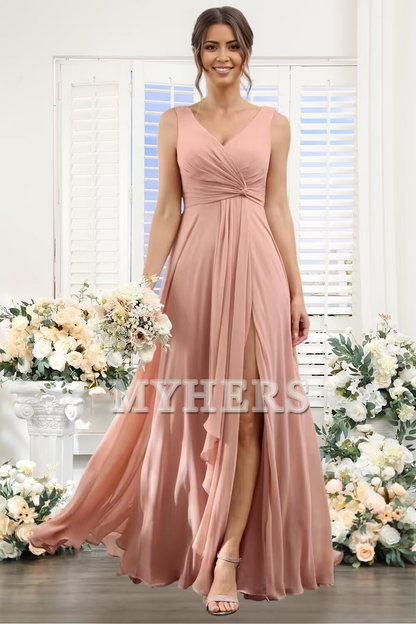 A-line V Neck Ruffles Side Fork Long Chiffon Elegant Bridesmaid Dresses Wedding Guests Dresses