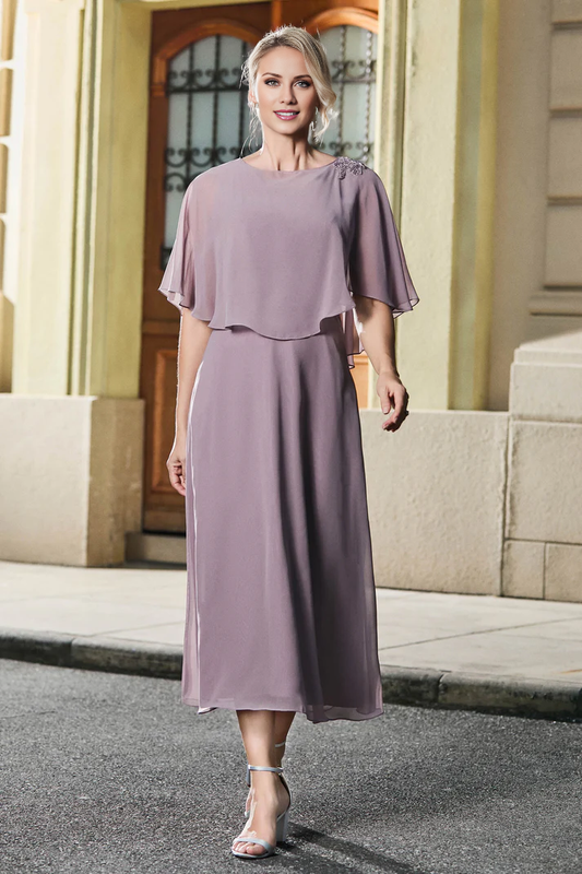 My Hers New Product Mother of The Bride Dress Tea-Length Jewel Flutter Sleeves Chiffon Dress Elegant Wedding Guests Dresses
