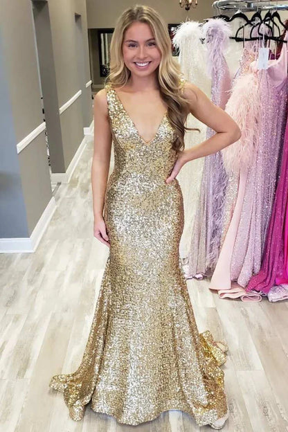 Sequin V-Neck Trumpet Long Prom Dress