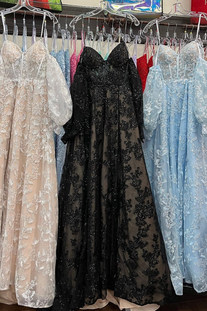 Sparkle Princess  Bustier Puff Sleeve Lace Long Prom Gown