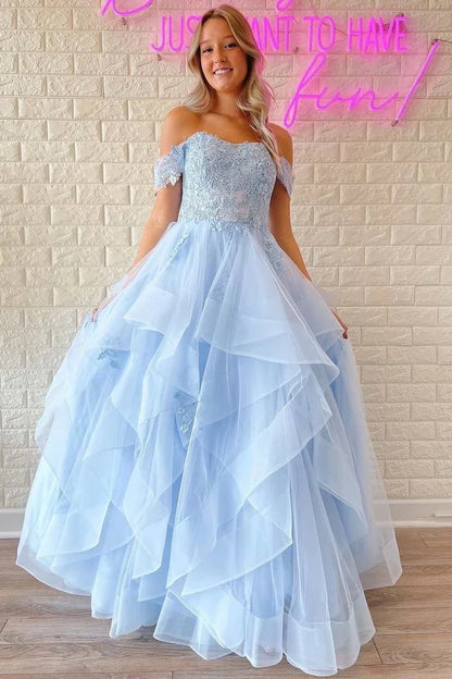 Lace Off-the-Shoulder A-Line Tiered Prom Dress