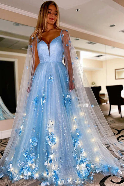 3D Floral Lace A-Line Prom Dress with Cape Sleeves