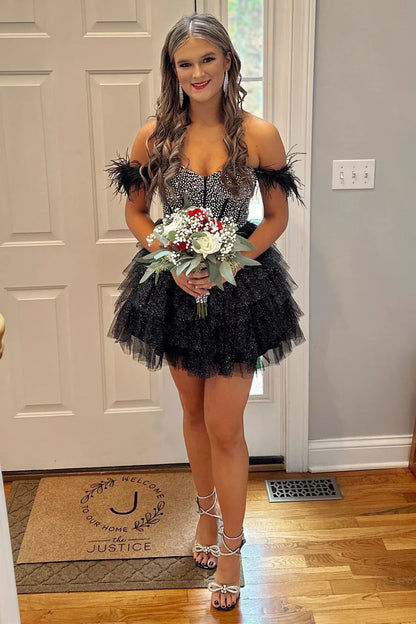 Beaded Cold-Shoulder Ruffle Tiered Short Formal Dress