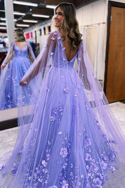 3D Floral Lace A-Line Prom Dress with Cape Sleeves
