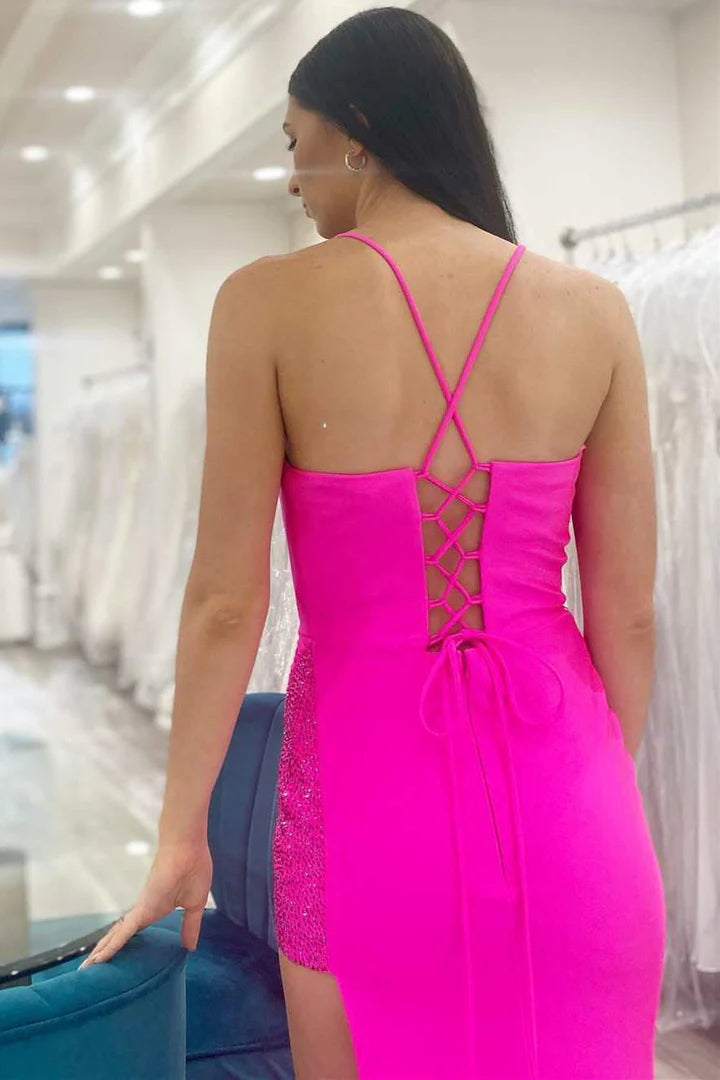 Beaded Cowl Neck Lace-Up Long Formal Dress with Slit