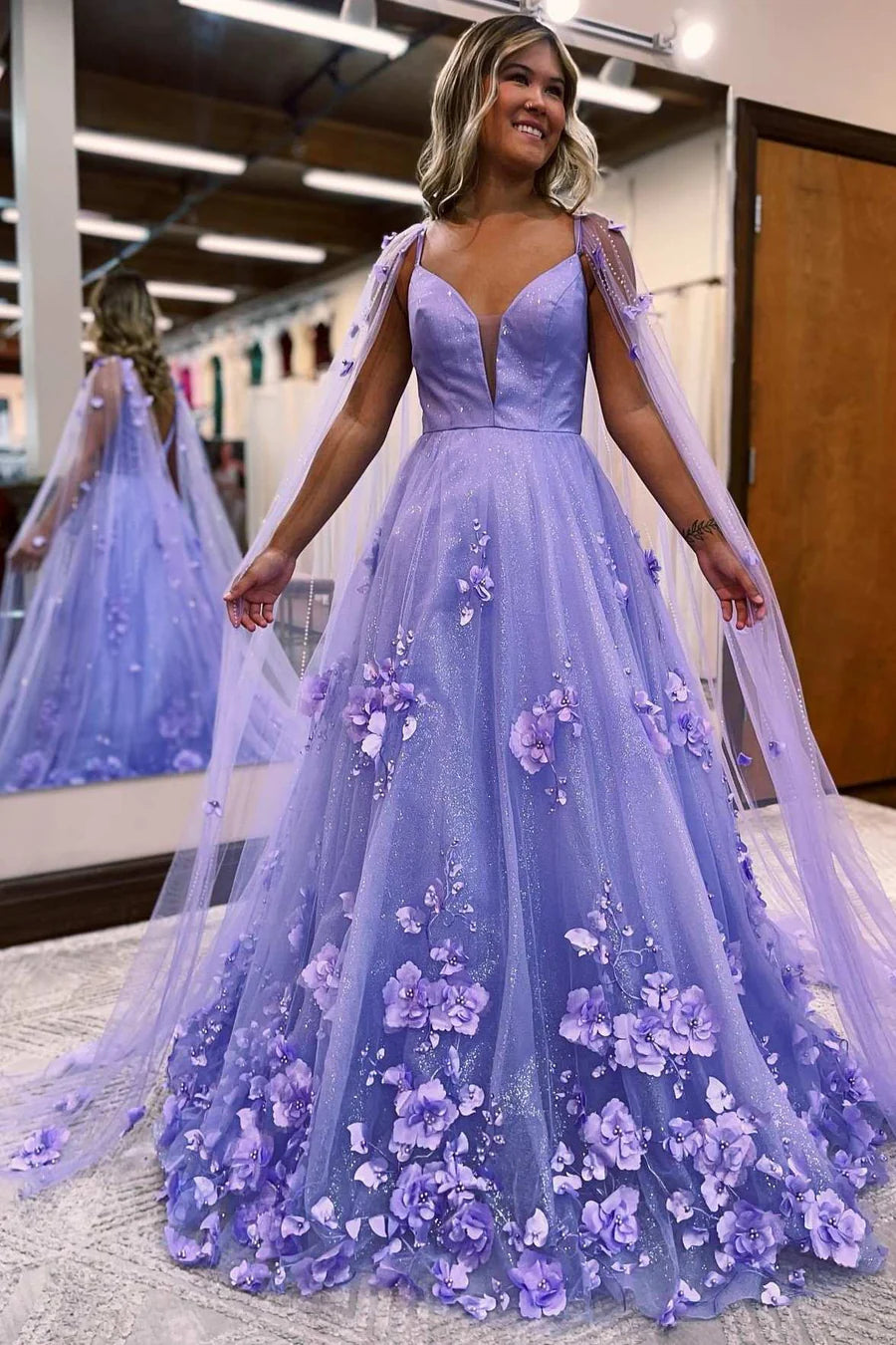 3D Floral Lace A-Line Prom Dress with Cape Sleeves