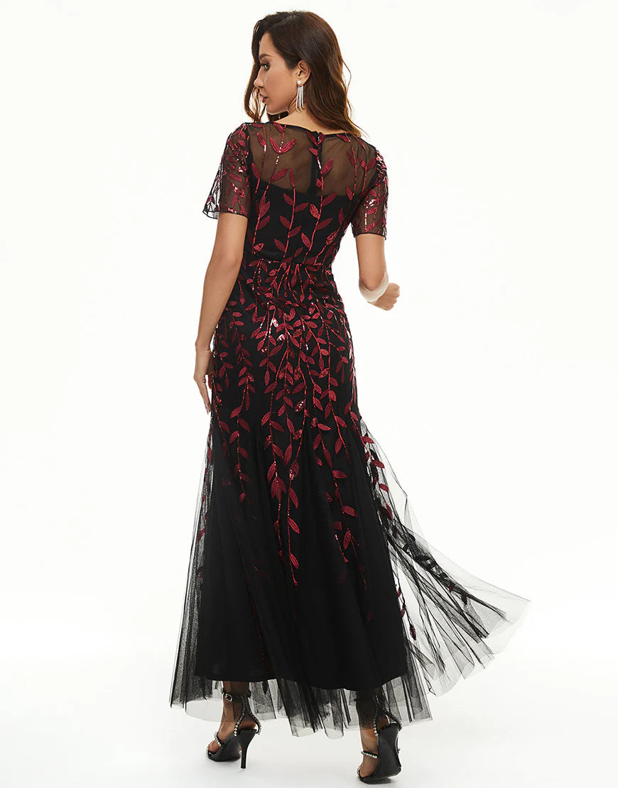 Leaves Sequins Mother Dress with Short Sleeves