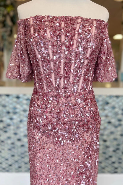 Sequin Off-the-Shoulder Long Formal Dress with Puff Sleeves and Slit