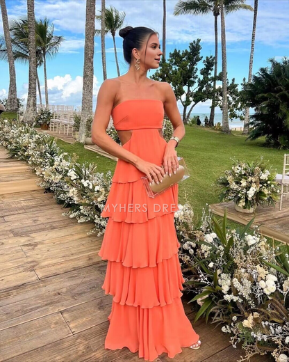 My Hers Prom Dress Strapless Sleeveless Chiffon Hollow Out Ruched Layering Elegant High Quality Ladies Formal Dress