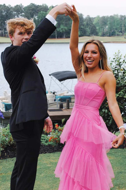 Straps Tiered A-Line Long Prom Dress
