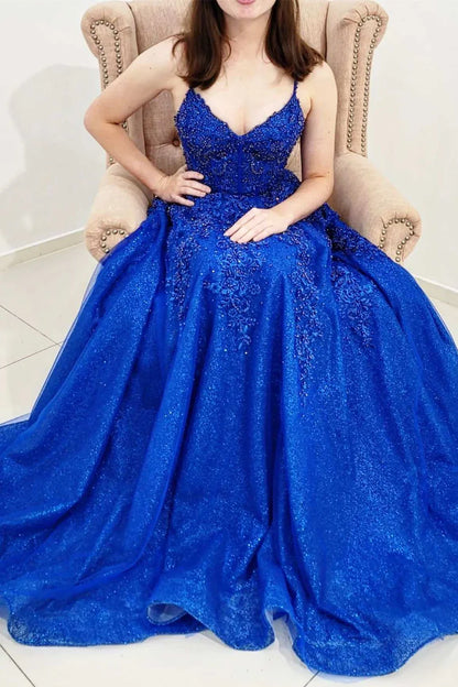 Stunning Blue Appliques V-Neck Lace-Up Back A-Line Prom Dress