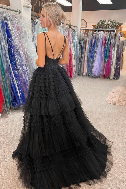 High-Low Tulle Plunge V Tiered Formal Gown with Ruffles