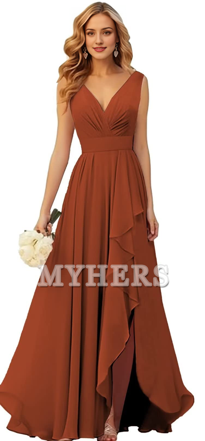 Elegant V Neck Chiffon Ruched Side Fork Long Bridesmaid Dresses Wedding Guests Dresses