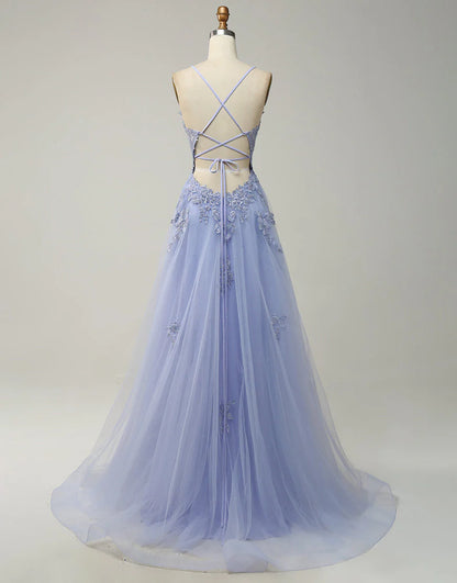 A-Line Tulle Appliques Long Prom Dress With Slit