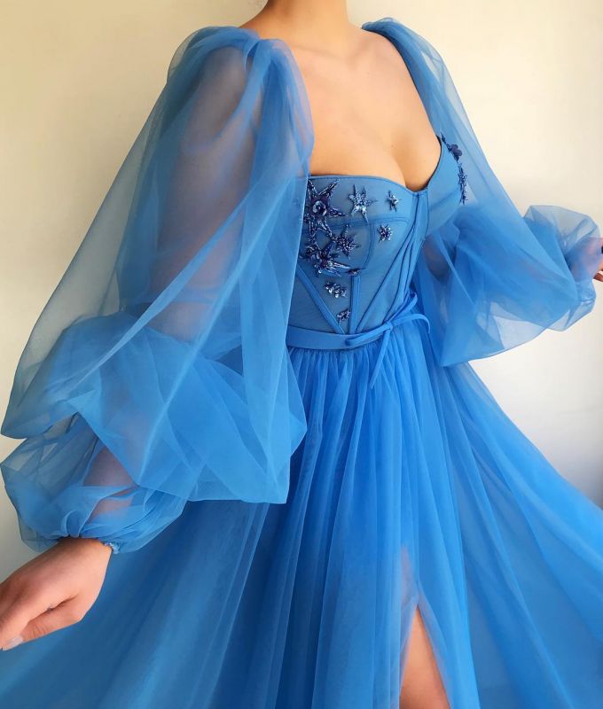 Sweep/Brush Train Dresses Long Sleeves See Through Long Prom Dress With Slit