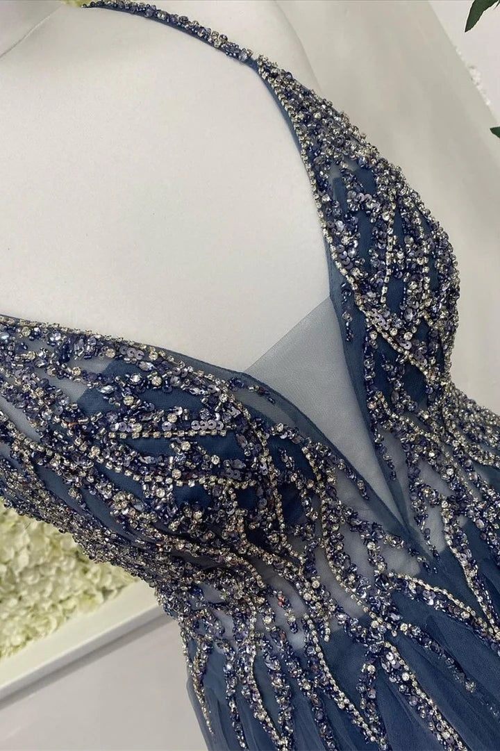 Tulle V-Neck Backless Beaded Long Prom Dress
