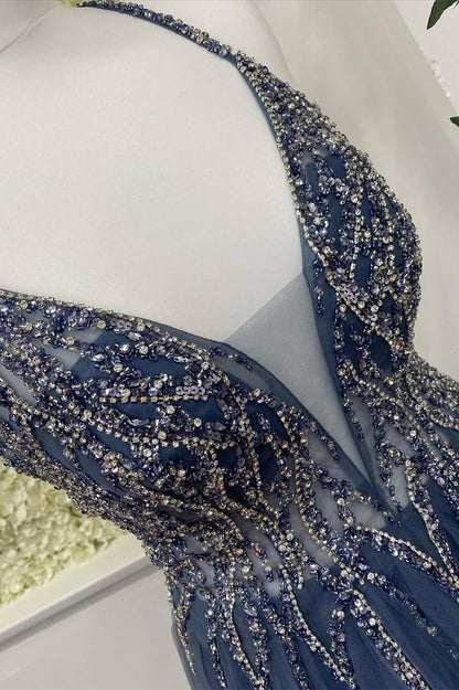 Tulle V-Neck Backless Beaded Long Prom Dress