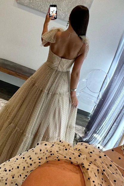 Cute Ball Gown Sweetheart Spaghetti Strap Champagne Tulle Black Dot Long Prom Dresses