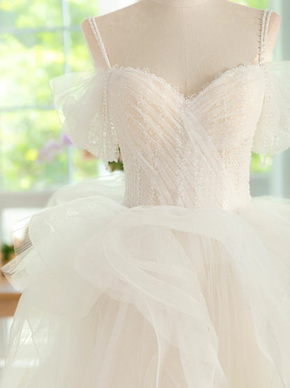 Sweet Heart-shaped collar Bead Decoration Shoulder strap Tulle Beads Long Fantastic Tulle Irregular Prom Dress